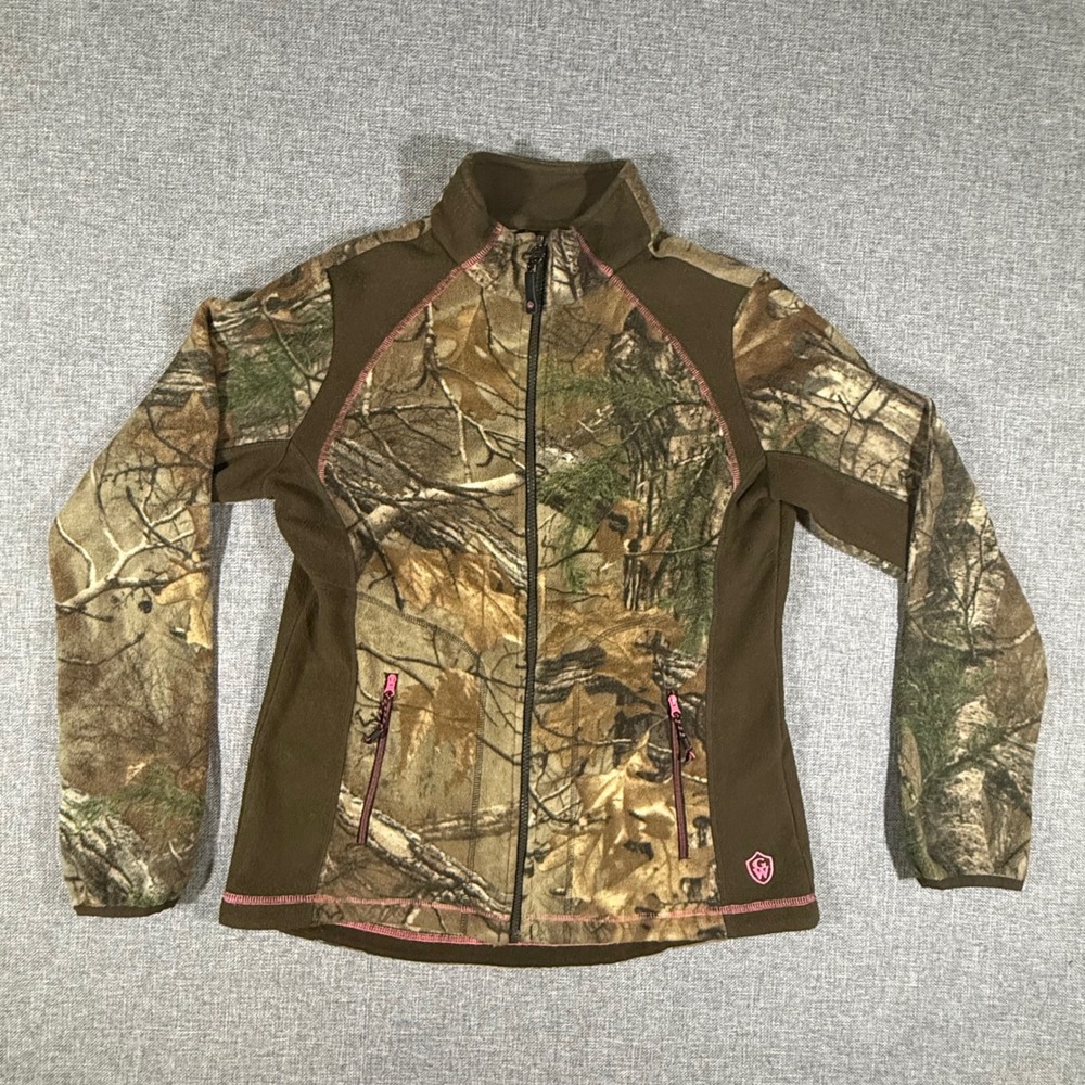 Game Winner Camo Fleece Full Zip Jacket Women M Brown Pink Trim RealTree Hunting
